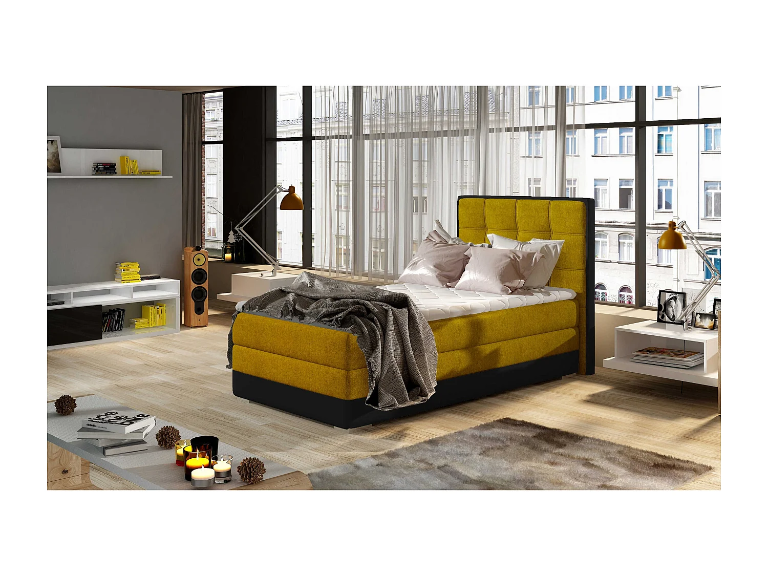 Box Spring Letto Leo (90x200)/materasso incluso/gialla