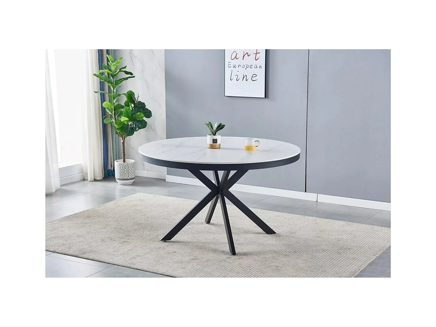 Table à manger Cerf (Ø120x76)/Céramique/Design Marbre/Blanc et Noir