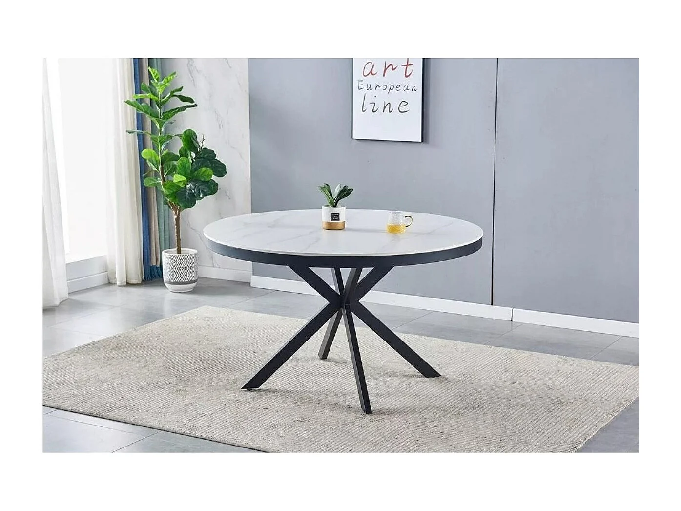 Table à manger Cerf (Ø120x76)/Céramique/Design Marbre/Blanc et Noir