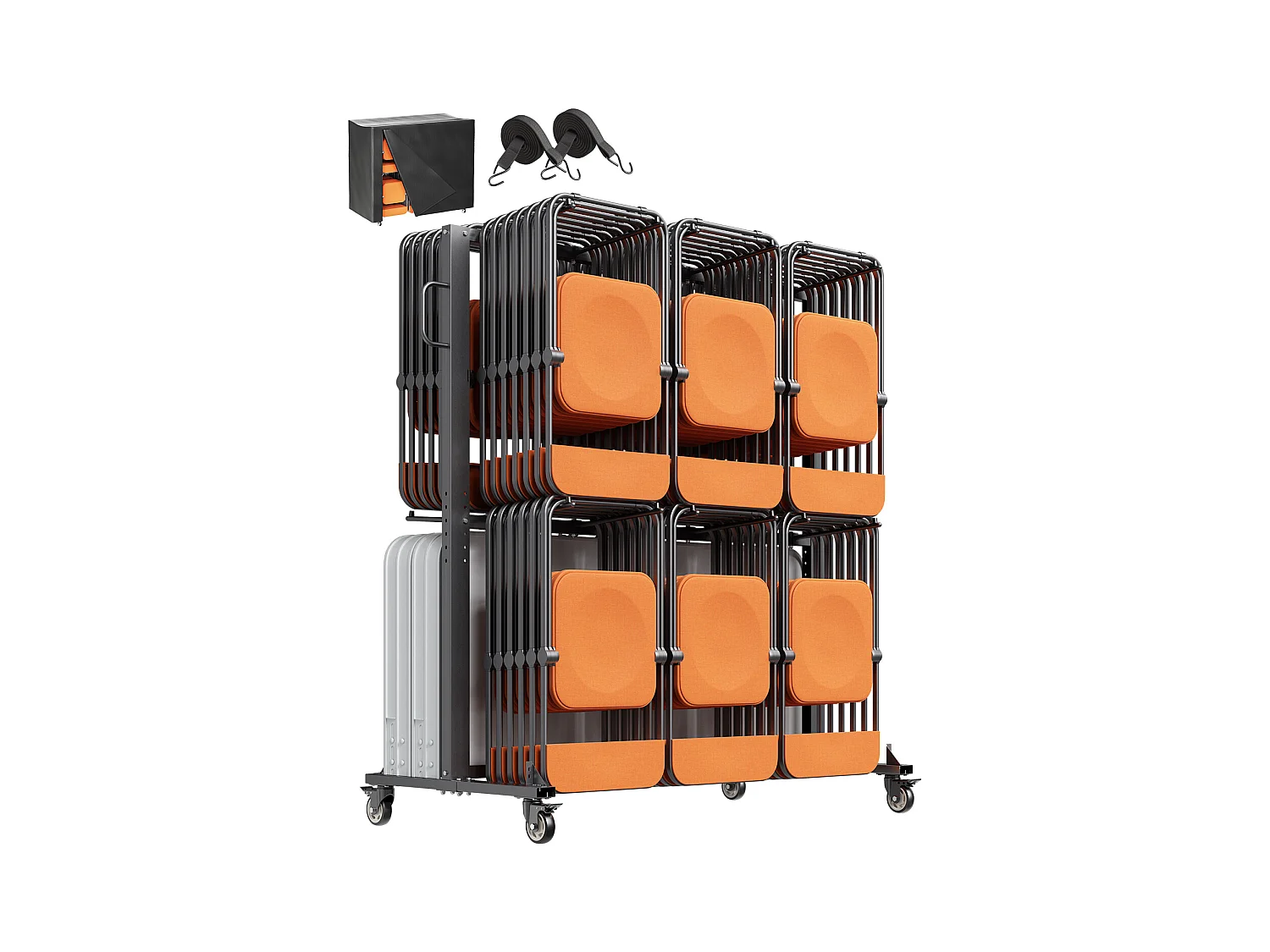Servicewagen SucceBuy, Oplopbare Stoelsteun voor 84 Stoelen/12 Tafels + 42 Stoelen, Maximale Lading 363 kg, met Wielen en Rubberen Steunpunten