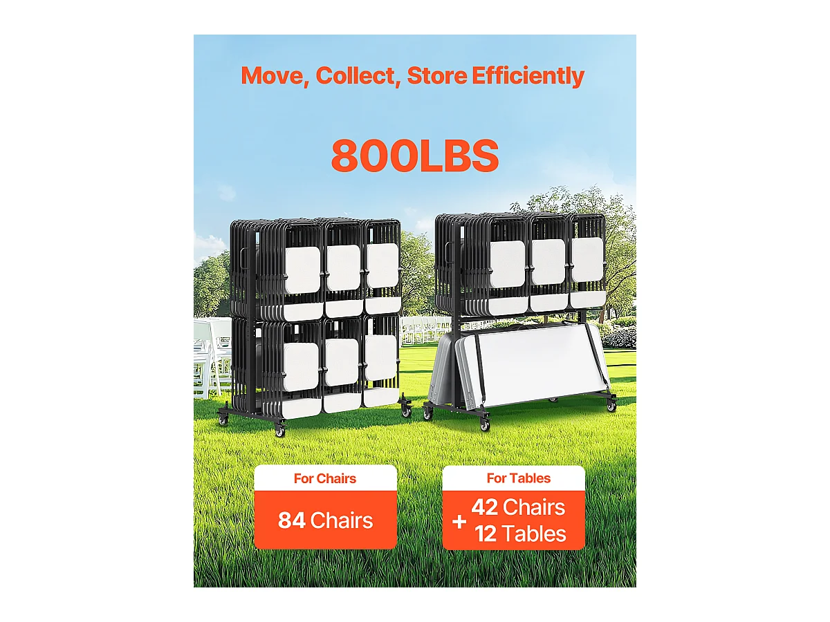 Servicewagen SucceBuy, Oplopbare Stoelsteun voor 84 Stoelen/12 Tafels + 42 Stoelen, Maximale Lading 363 kg, met Wielen en Rubberen Steunpunten
