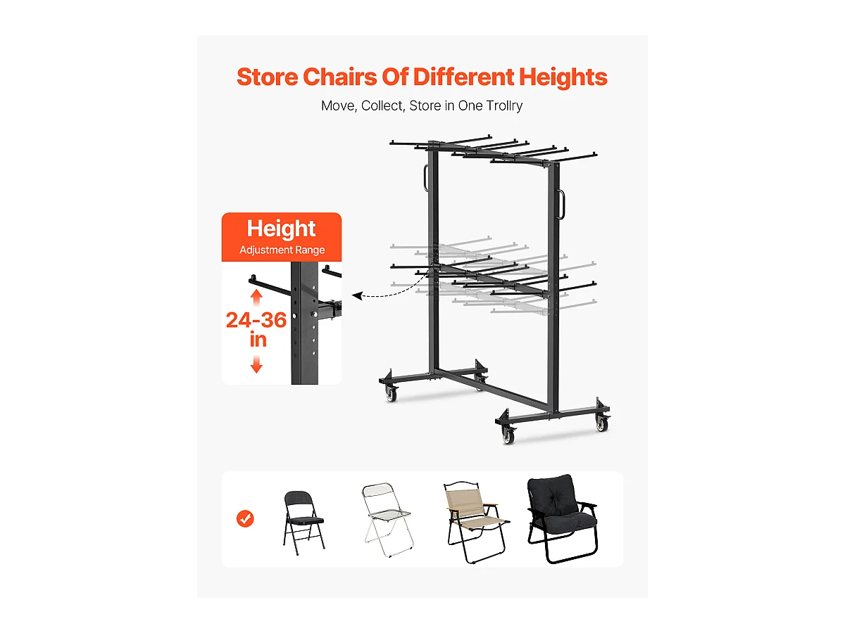 Chariot de Service SucceBuy, Support de Chaise Pliant pour 84 Chaises/12 Tables + 42 Chaises, Charge Maximale 363 kg, avec Roues et Supports en Caoutchouc