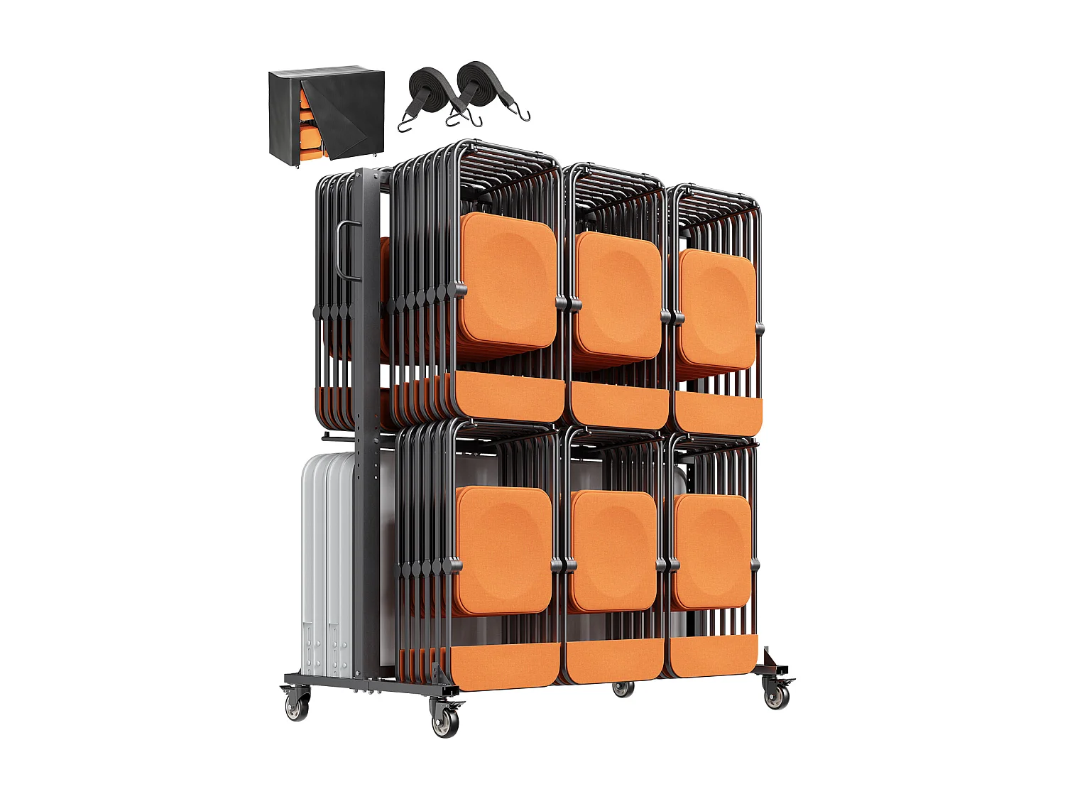 Chariot de Service SucceBuy, Support de Chaise Pliant pour 84 Chaises/12 Tables + 42 Chaises, Charge Maximale 363 kg, avec Roues et Supports en Caoutchouc