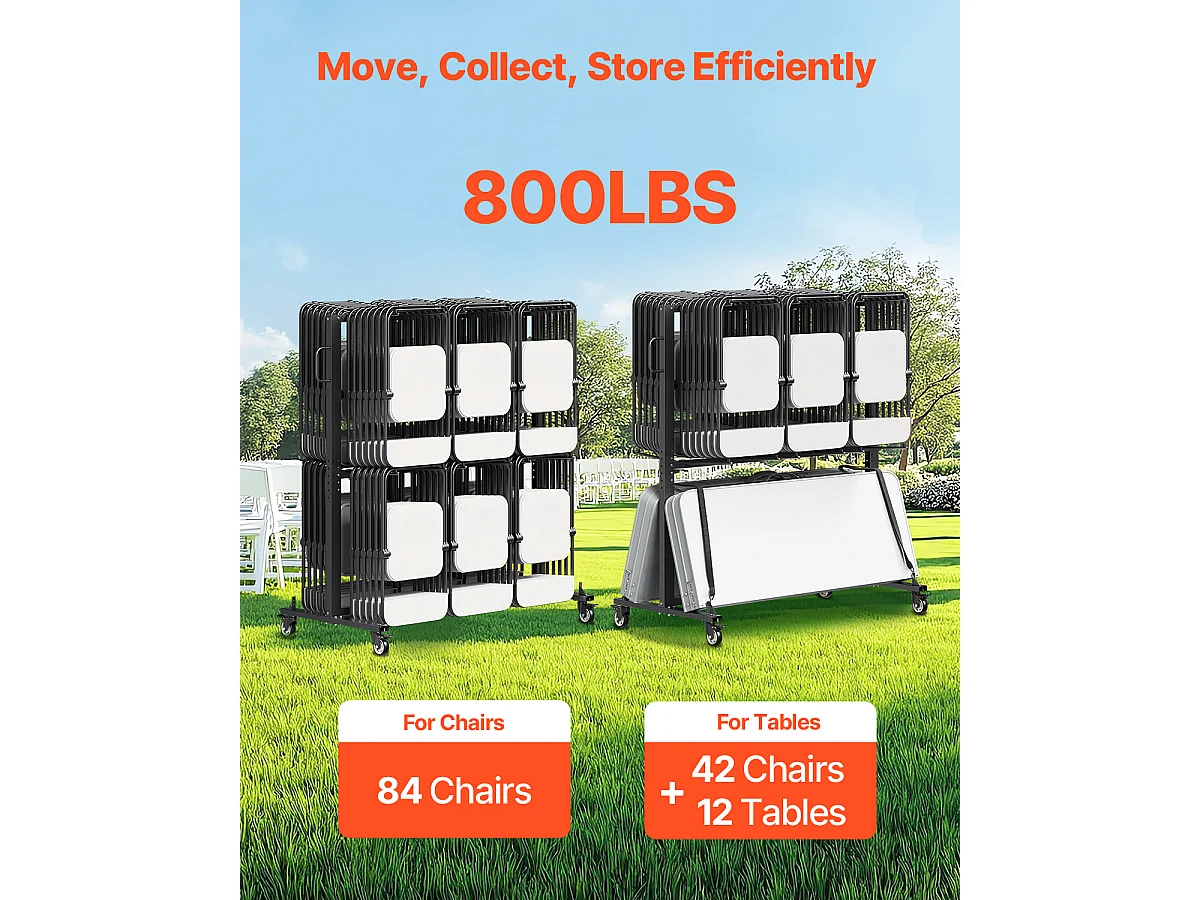 Chariot de Service SucceBuy, Support de Chaise Pliant pour 84 Chaises/12 Tables + 42 Chaises, Charge Maximale 363 kg, avec Roues et Supports en Caoutchouc