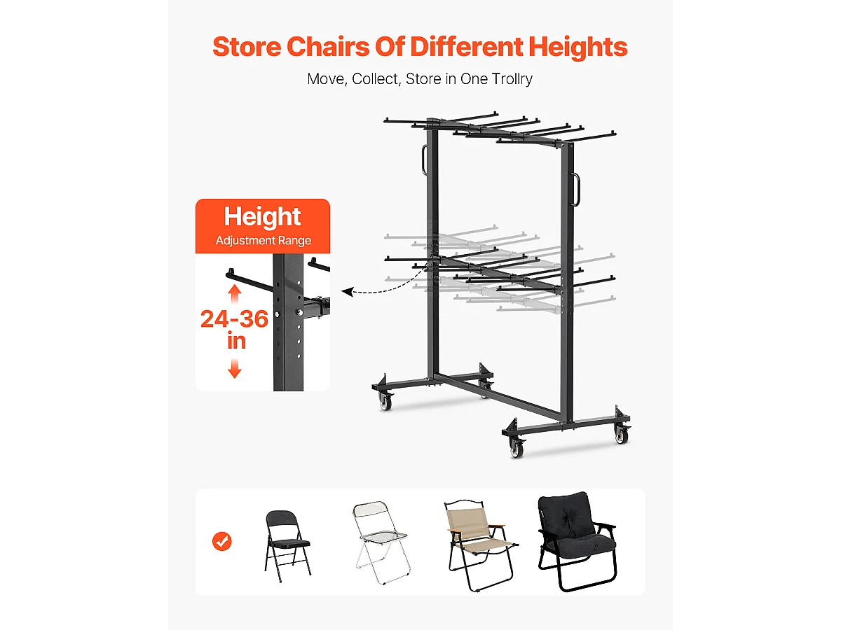 Chariot de Service SucceBuy, Support de Chaise Pliant pour 84 Chaises/12 Tables + 42 Chaises, Charge Maximale 363 kg, avec Roues et Supports en Caoutchouc