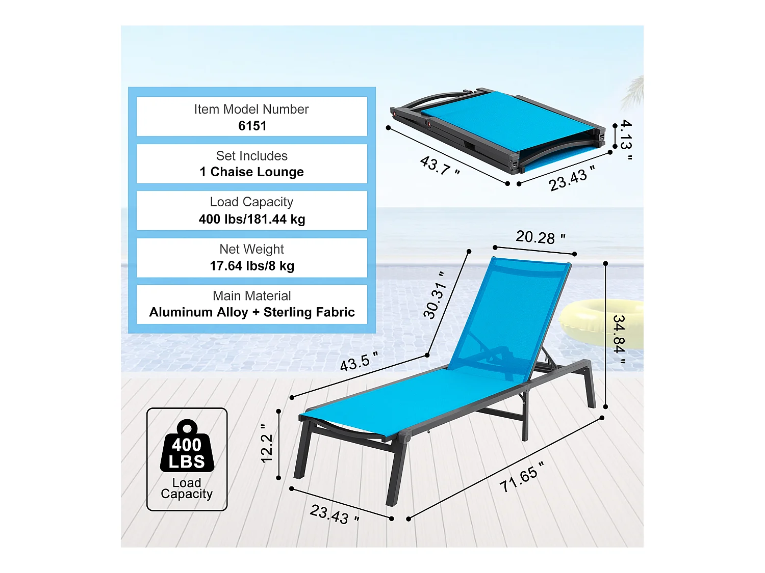 Bain de Soleil, SucceBuy Chaise Longue d'Extérieur, Bleue - Réglable et Pliable