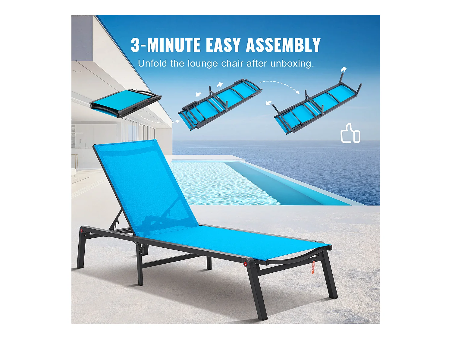 Bain de Soleil, SucceBuy Chaise Longue d'Extérieur, Bleue - Réglable et Pliable