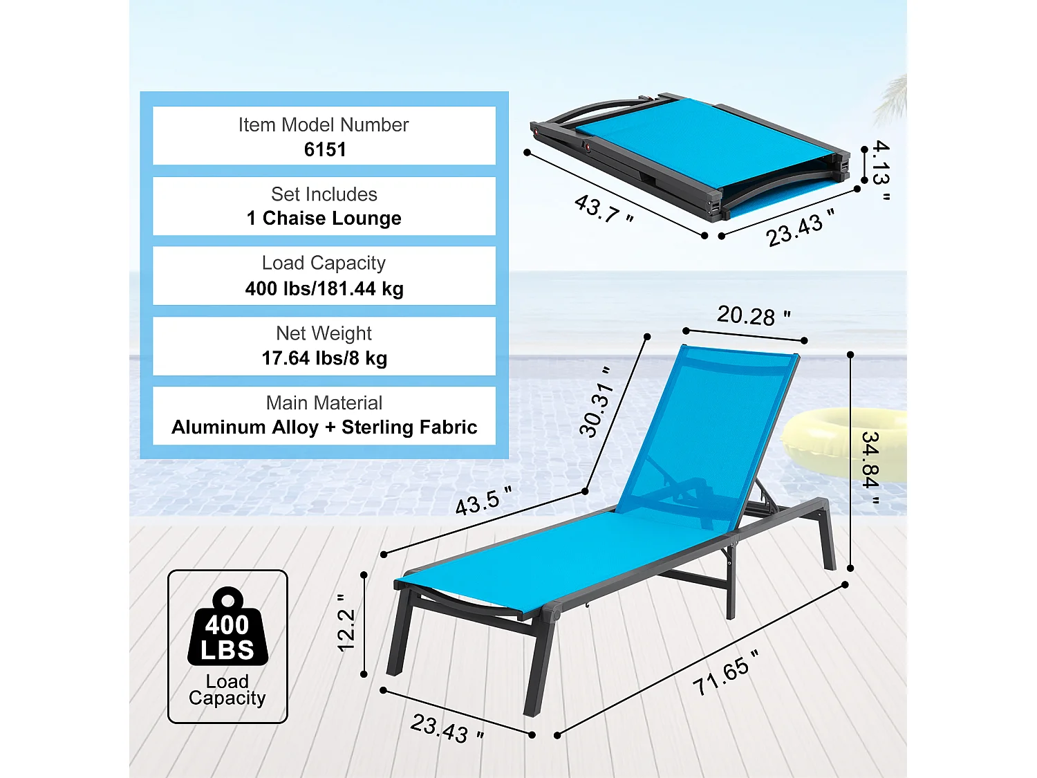 Bain de Soleil, SucceBuy Chaise Longue d'Extérieur, Bleue - Réglable et Pliable