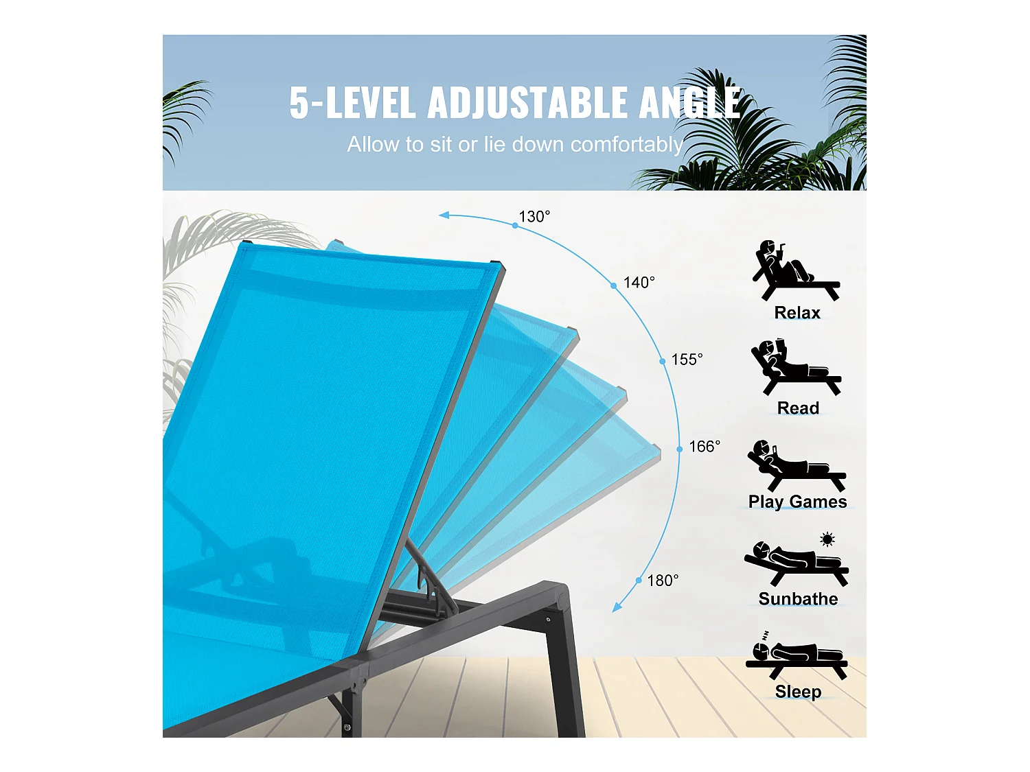 Bain de Soleil, SucceBuy Chaise Longue Chaise d'Extérieur Patio Chaise Longue Réglable 5 Positions 2 Pièces