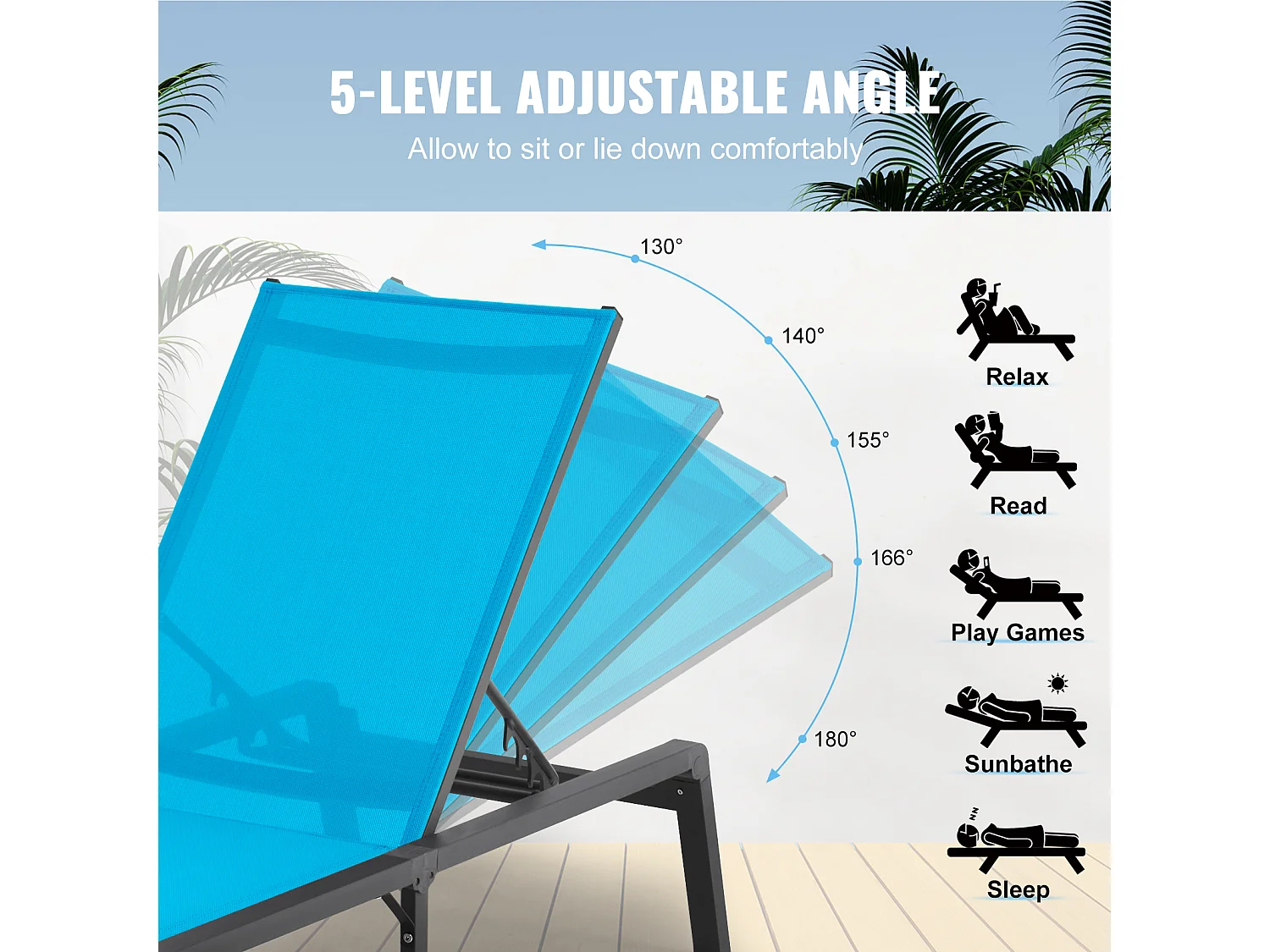 Bain de Soleil, SucceBuy Chaise Longue Chaise d'Extérieur Patio Chaise Longue Réglable 5 Positions 2 Pièces