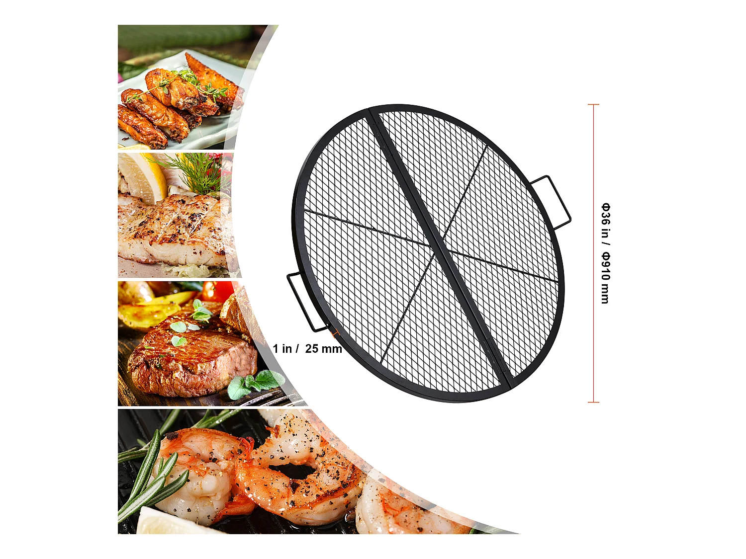 Grille de Foyer SucceBuy Ronde Pliable de 91cm, Acier Robuste X-Marks, Ustensiles de Cuisine de Camping Portables pour Fêtes en Plein Air, Noir