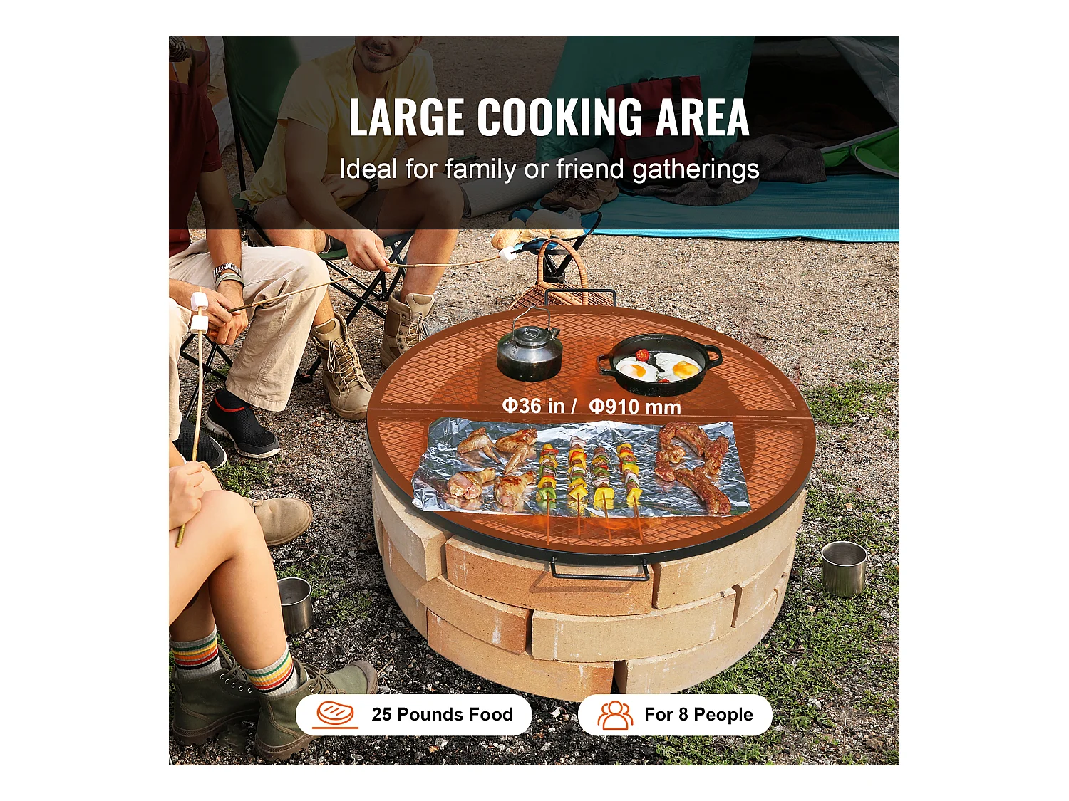 Grille de Foyer SucceBuy Ronde Pliable de 91cm, Acier Robuste X-Marks, Ustensiles de Cuisine de Camping Portables pour Fêtes en Plein Air, Noir