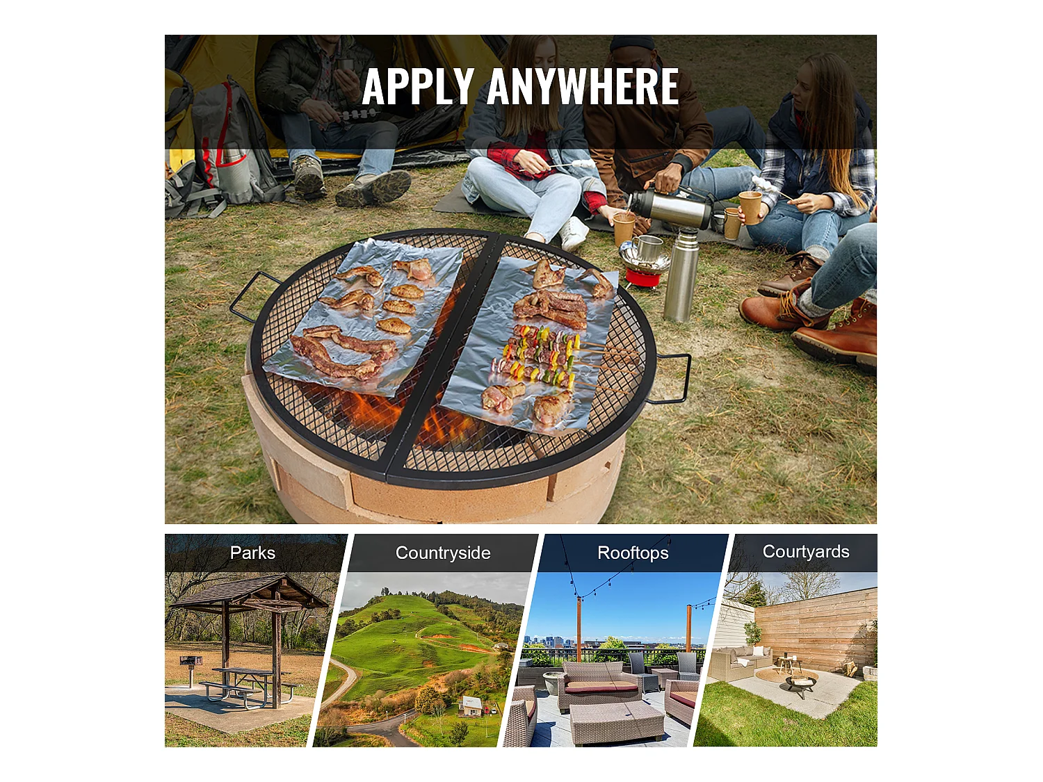 Grille de Foyer SucceBuy Ronde Pliable de 91cm, Acier Robuste X-Marks, Ustensiles de Cuisine de Camping Portables pour Fêtes en Plein Air, Noir