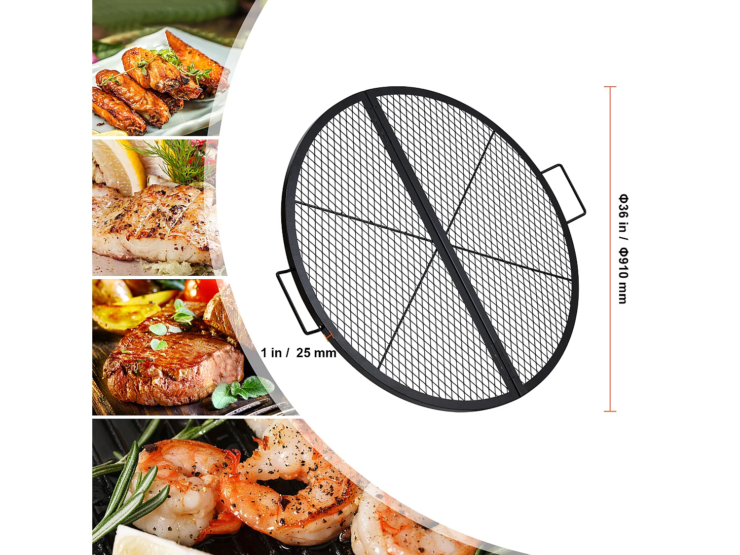 Grille de Foyer SucceBuy Ronde Pliable de 91cm, Acier Robuste X-Marks, Ustensiles de Cuisine de Camping Portables pour Fêtes en Plein Air, Noir