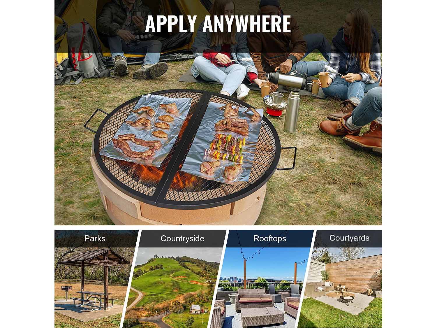 Grille de Foyer SucceBuy Ronde Pliable de 91cm, Acier Robuste X-Marks, Ustensiles de Cuisine de Camping Portables pour Fêtes en Plein Air, Noir