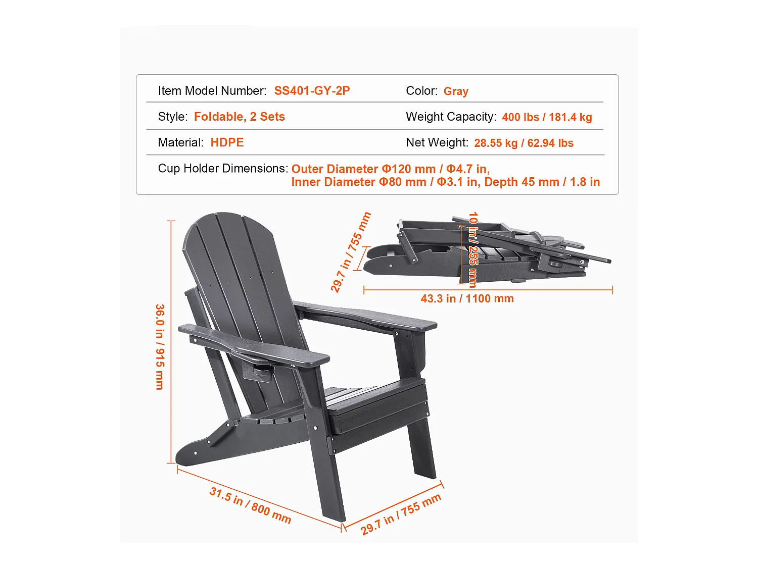 Fauteuil de Jardin, SucceBuy Ensemble de Chaise Adirondack de 2, Plastique Pliant Tout Temps, Foyer, Gris