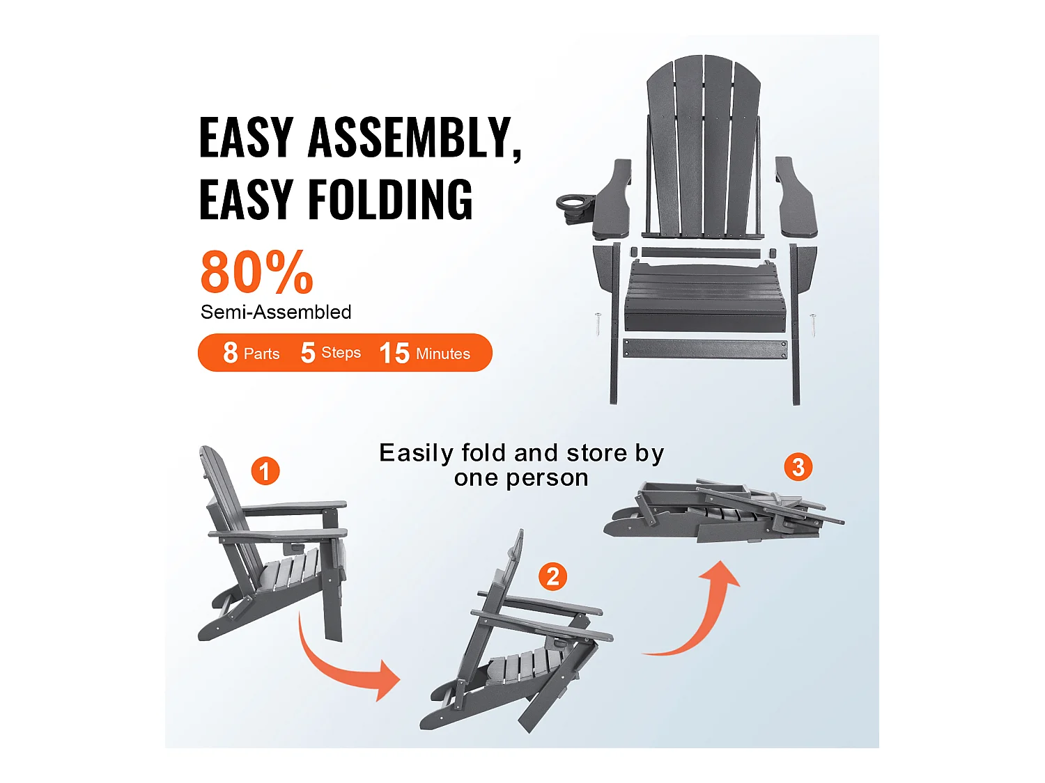 Fauteuil de Jardin, SucceBuy Ensemble de Chaise Adirondack de 2, Plastique Pliant Tout Temps, Foyer, Gris