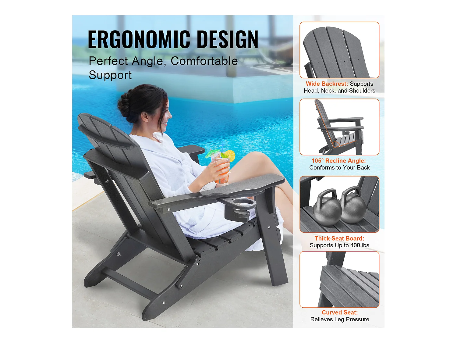 Fauteuil de Jardin, SucceBuy Ensemble de Chaise Adirondack de 2, Plastique Pliant Tout Temps, Foyer, Gris