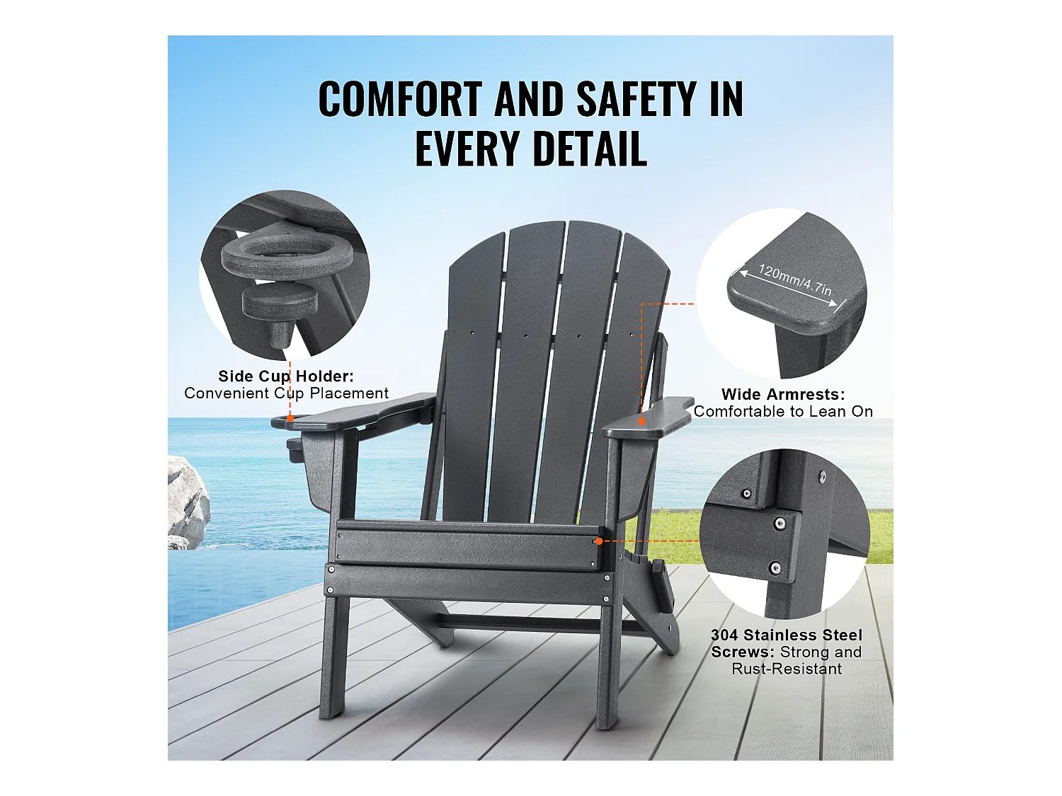 Fauteuil de Jardin, SucceBuy Ensemble de Chaise Adirondack de 2, Plastique Pliant Tout Temps, Foyer, Gris