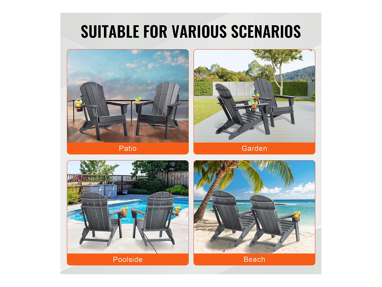 Fauteuil de Jardin, SucceBuy Ensemble de Chaise Adirondack de 2, Plastique Pliant Tout Temps, Foyer, Gris