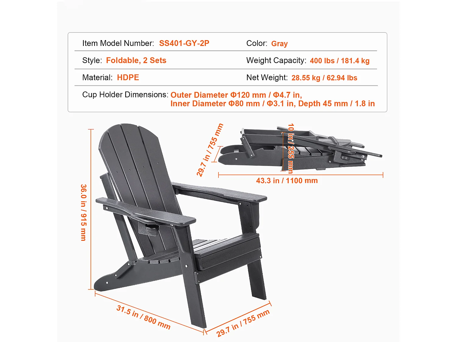 Tuinstoel, SucceBuy Adirondack Stoelset van 2, Weerbestendig, Opvouwbaar Plastic, Vuurkorf, Grijs