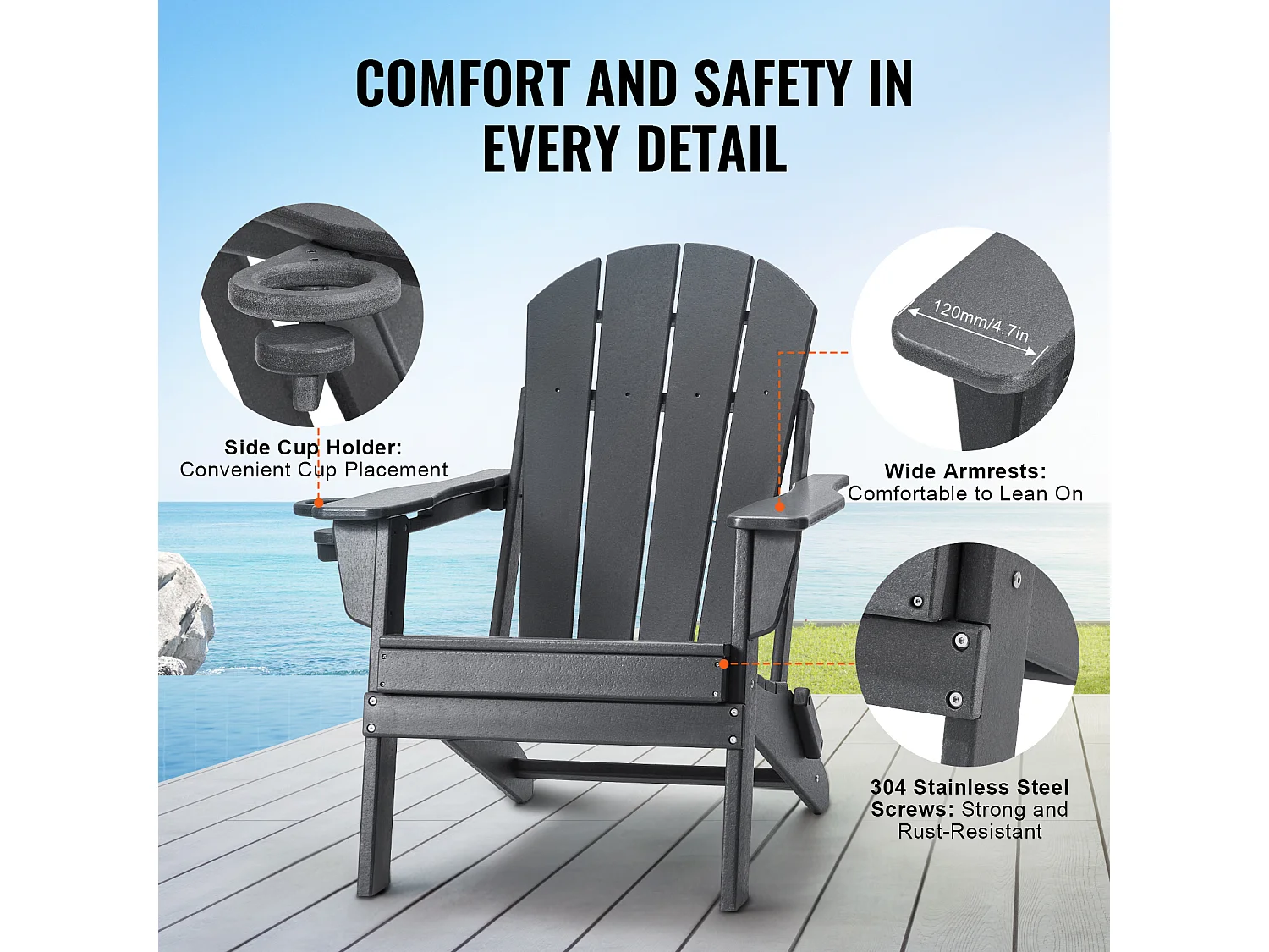 Tuinstoel, SucceBuy Adirondack Stoelset van 2, Weerbestendig, Opvouwbaar Plastic, Vuurkorf, Grijs