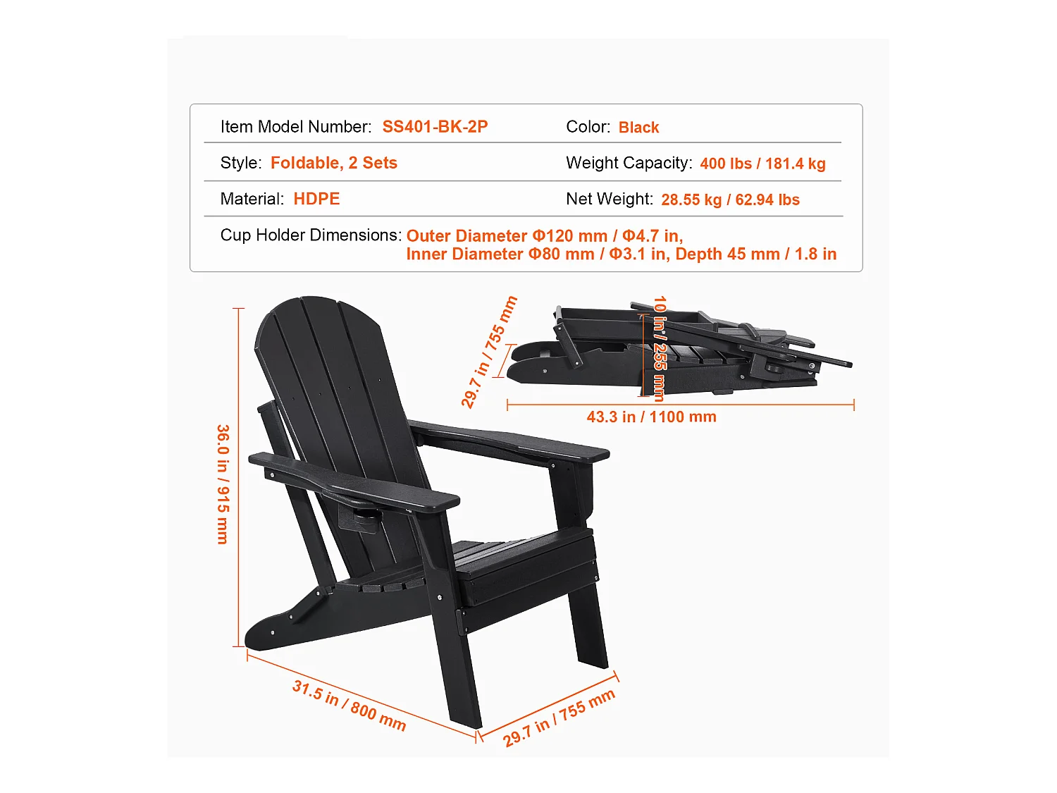 Sedia da Giardino, SucceBuy Set di 2 Sedie Adirondack, Pieghevoli, in Plastica, per Tutte le Stagioni, Braciere, Nere