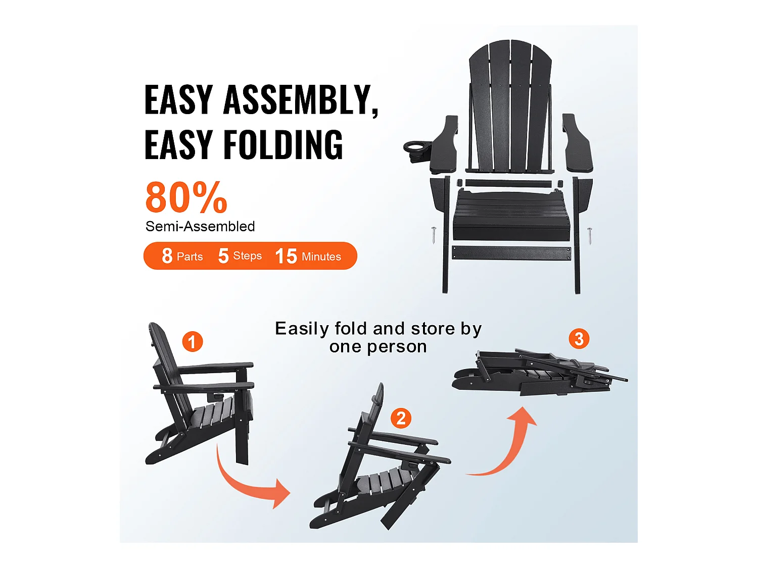 Sedia da Giardino, SucceBuy Set di 2 Sedie Adirondack, Pieghevoli, in Plastica, per Tutte le Stagioni, Braciere, Nere