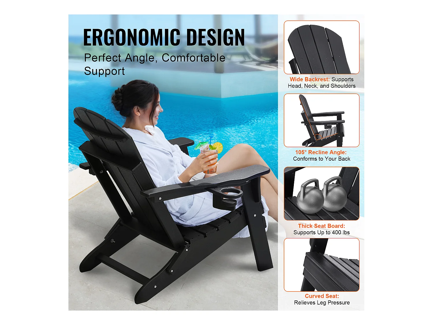 Sedia da Giardino, SucceBuy Set di 2 Sedie Adirondack, Pieghevoli, in Plastica, per Tutte le Stagioni, Braciere, Nere