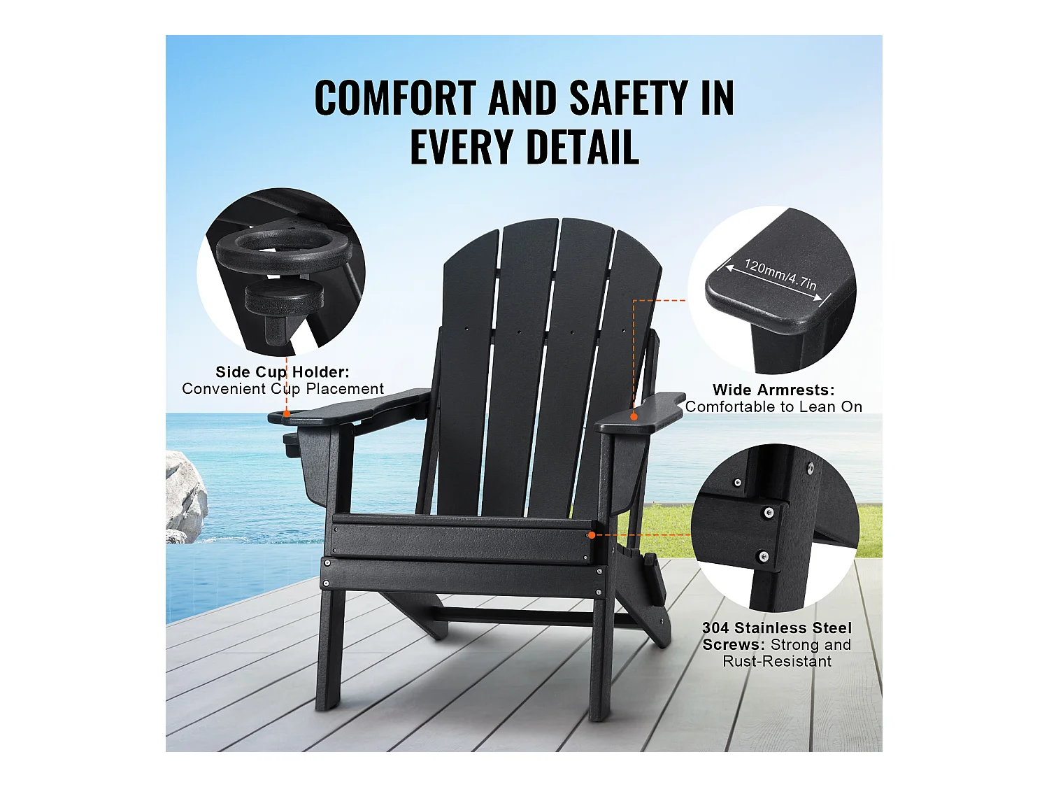 Sedia da Giardino, SucceBuy Set di 2 Sedie Adirondack, Pieghevoli, in Plastica, per Tutte le Stagioni, Braciere, Nere