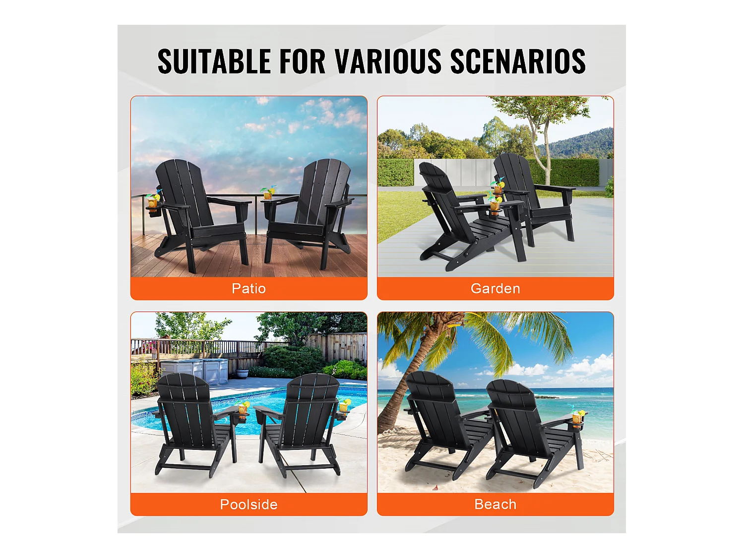 Sedia da Giardino, SucceBuy Set di 2 Sedie Adirondack, Pieghevoli, in Plastica, per Tutte le Stagioni, Braciere, Nere