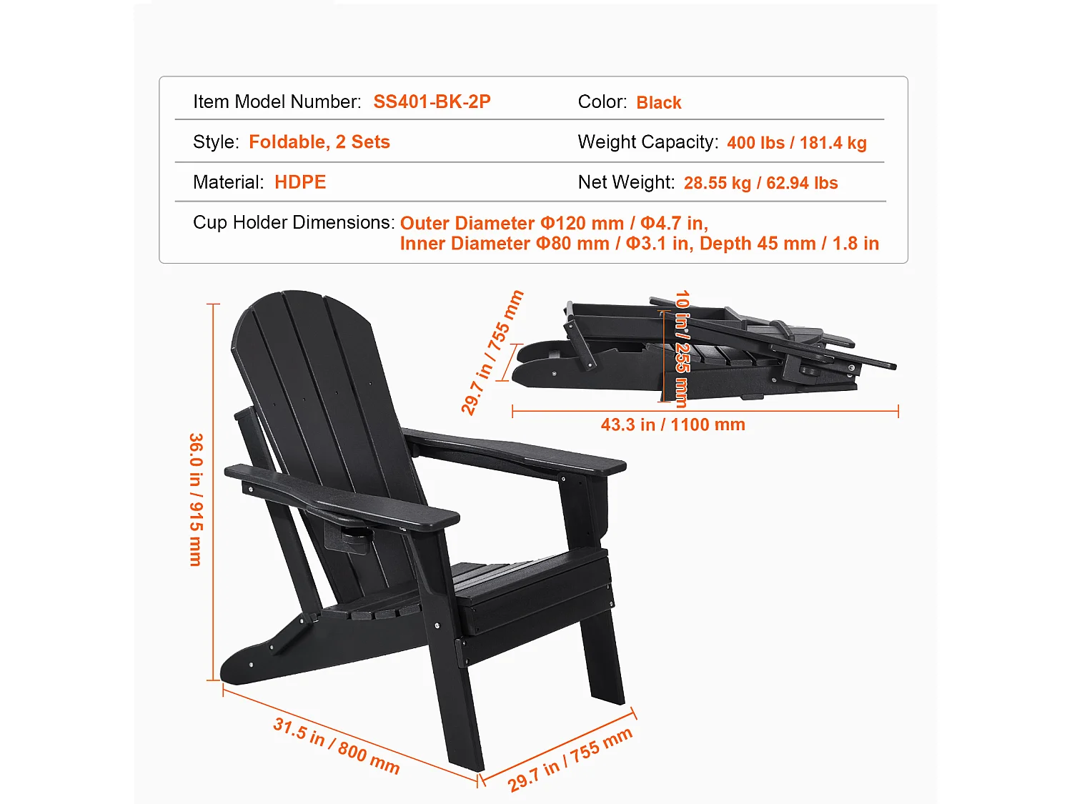 Fauteuil de Jardin, SucceBuy Ensemble de Chaise Adirondack de 2, Plastique Pliant Tout Temps, Foyer, Noir
