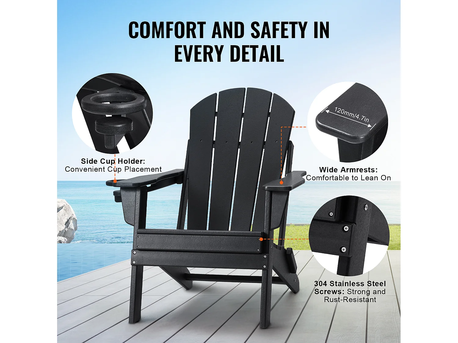 Fauteuil de Jardin, SucceBuy Ensemble de Chaise Adirondack de 2, Plastique Pliant Tout Temps, Foyer, Noir