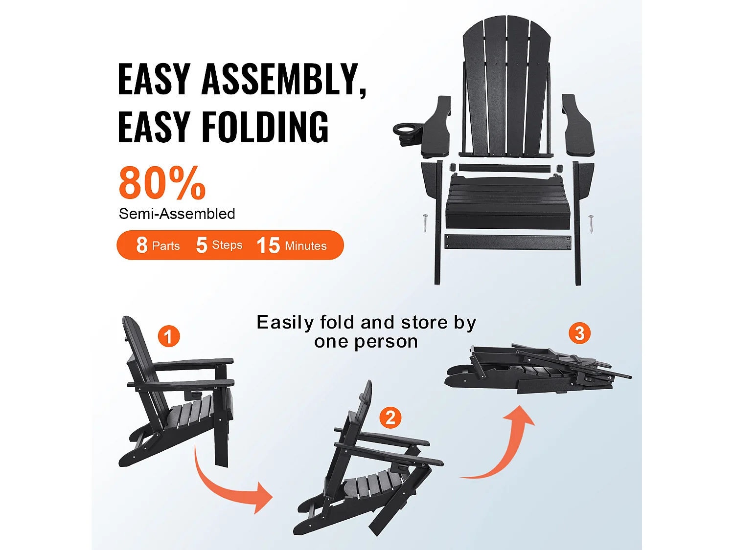 Fauteuil de Jardin, SucceBuy Ensemble de Chaise Adirondack de 2, Plastique Pliant Tout Temps, Foyer, Noir