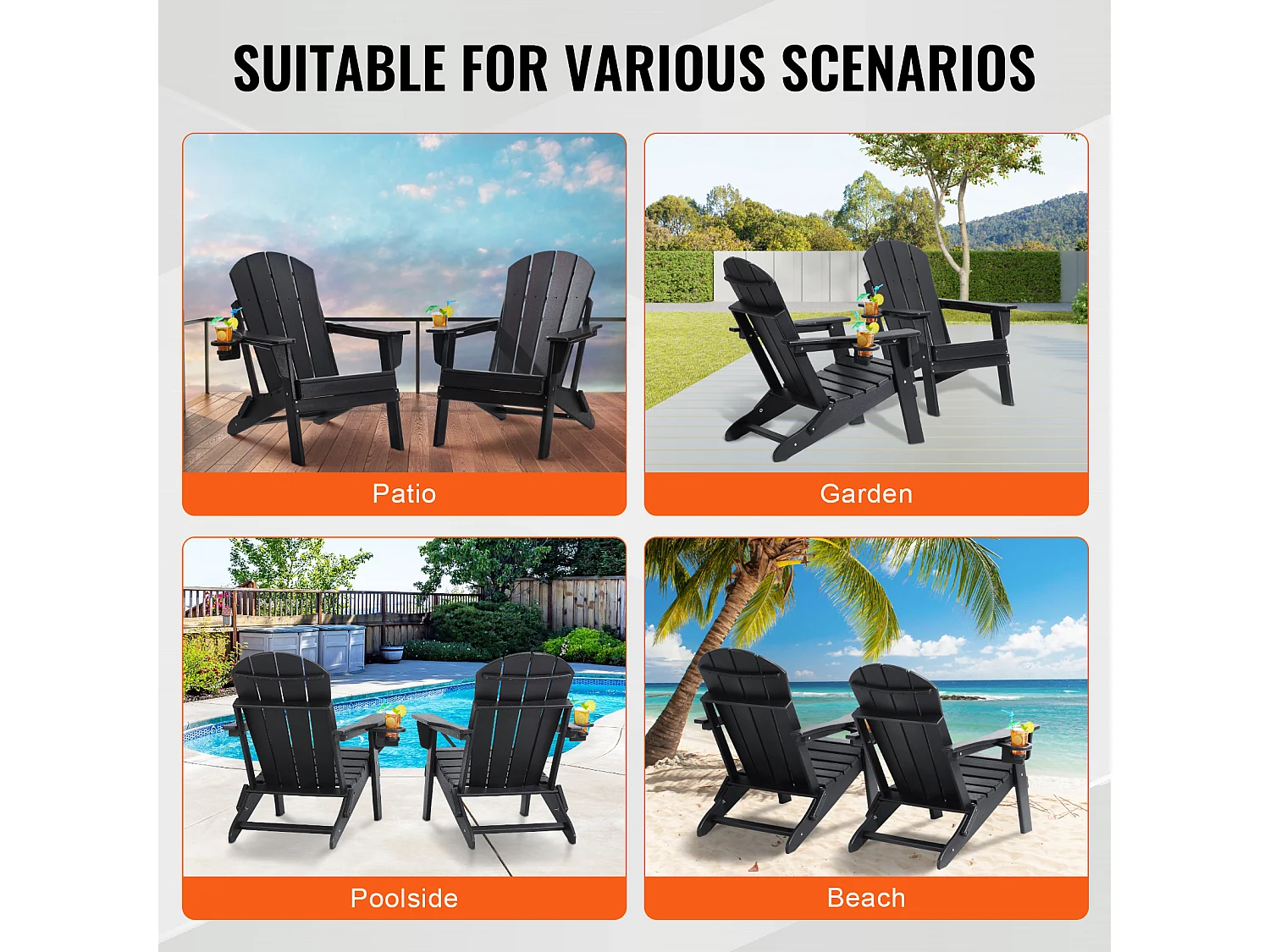 Fauteuil de Jardin, SucceBuy Ensemble de Chaise Adirondack de 2, Plastique Pliant Tout Temps, Foyer, Noir