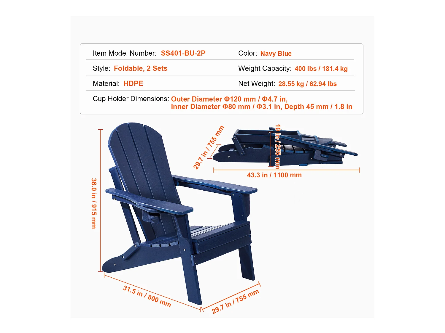 Fauteuil de Jardin, SucceBuy Ensemble de Chaise Adirondack de 2, Plastique Pliant Tout Temps, Foyer, Bleu Marine