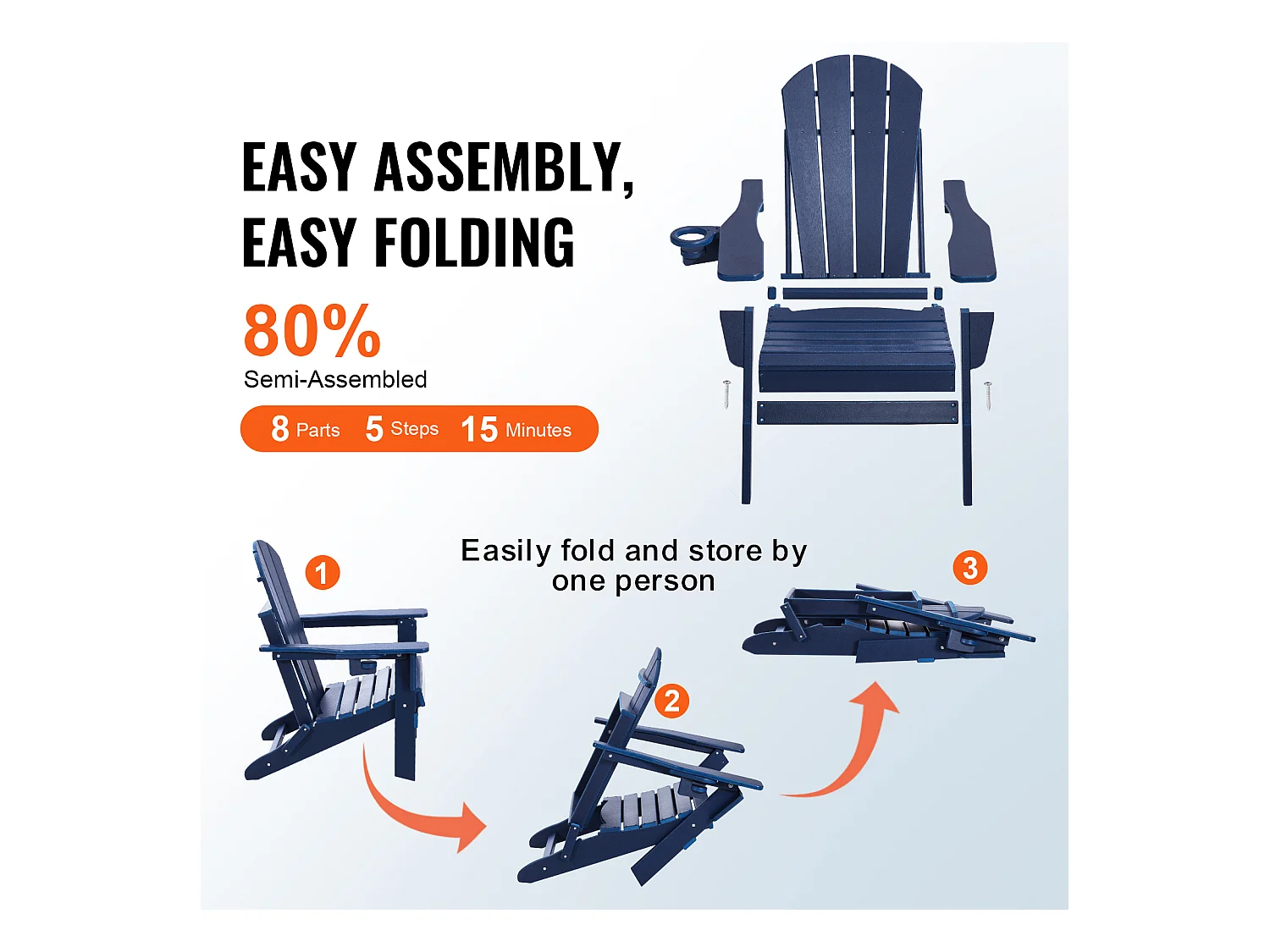 Fauteuil de Jardin, SucceBuy Ensemble de Chaise Adirondack de 2, Plastique Pliant Tout Temps, Foyer, Bleu Marine