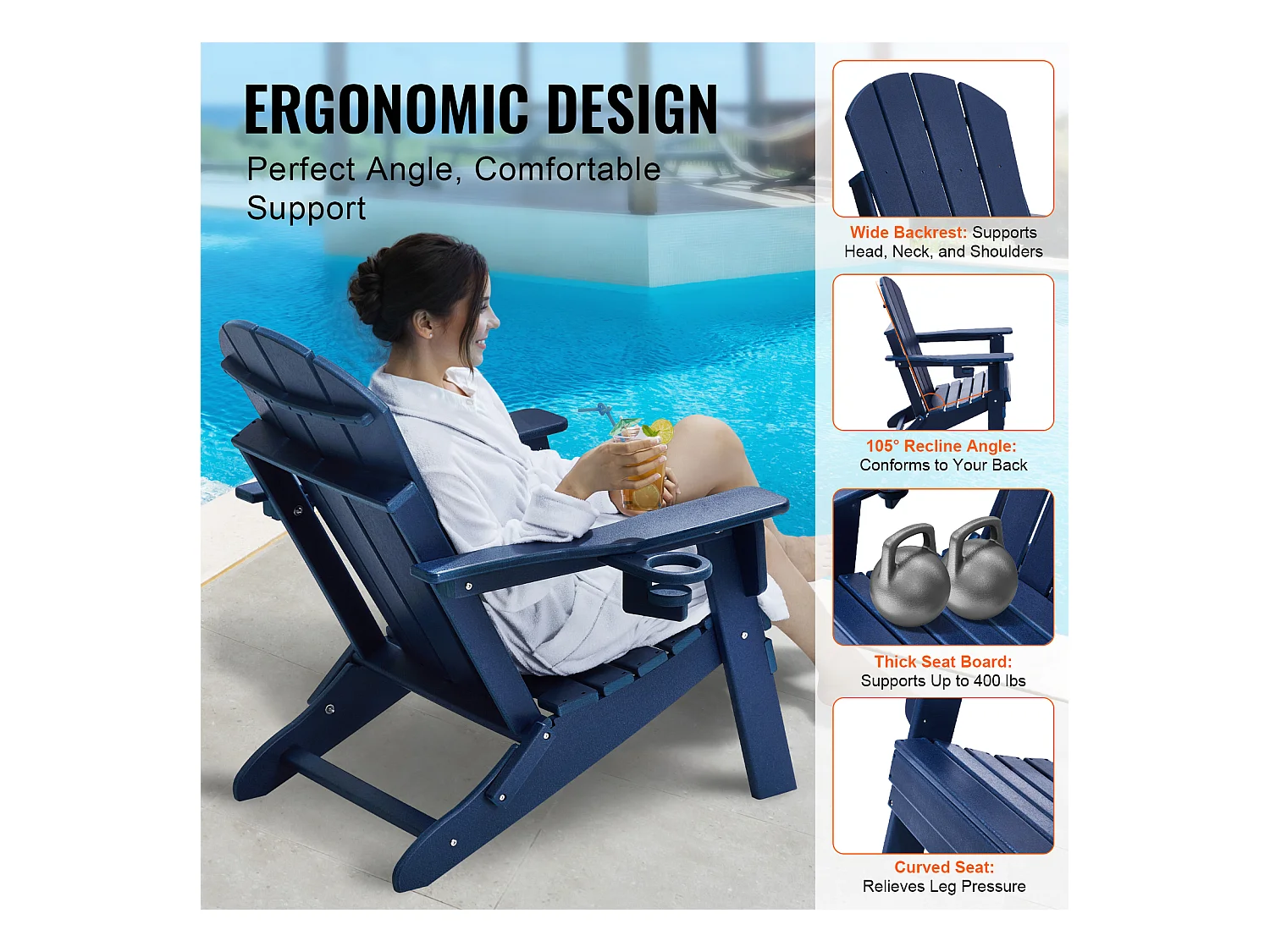 Fauteuil de Jardin, SucceBuy Ensemble de Chaise Adirondack de 2, Plastique Pliant Tout Temps, Foyer, Bleu Marine