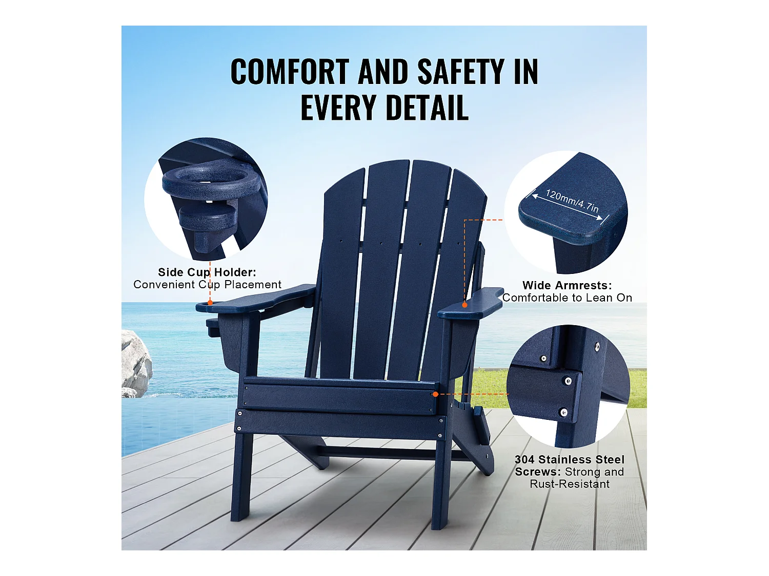 Fauteuil de Jardin, SucceBuy Ensemble de Chaise Adirondack de 2, Plastique Pliant Tout Temps, Foyer, Bleu Marine