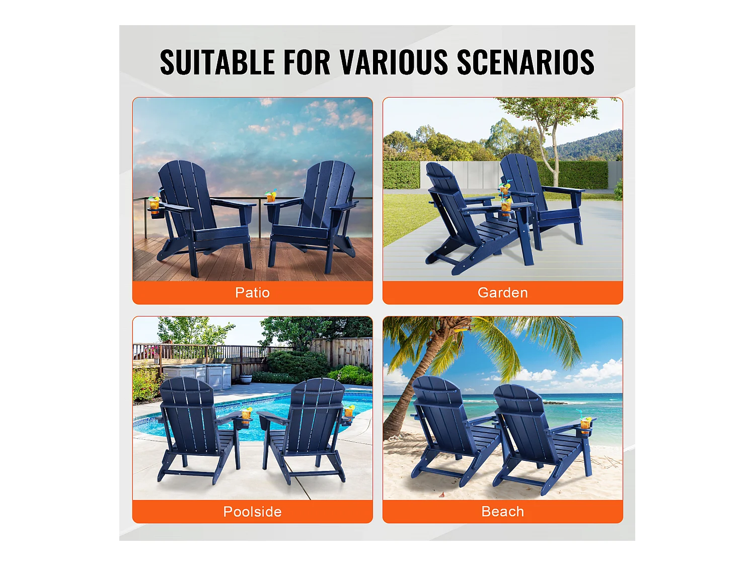 Fauteuil de Jardin, SucceBuy Ensemble de Chaise Adirondack de 2, Plastique Pliant Tout Temps, Foyer, Bleu Marine