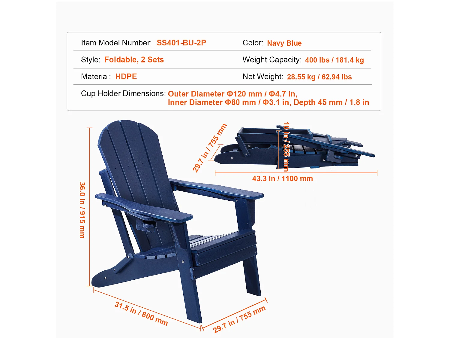 Fauteuil de Jardin, SucceBuy Ensemble de Chaise Adirondack de 2, Plastique Pliant Tout Temps, Foyer, Bleu Marine