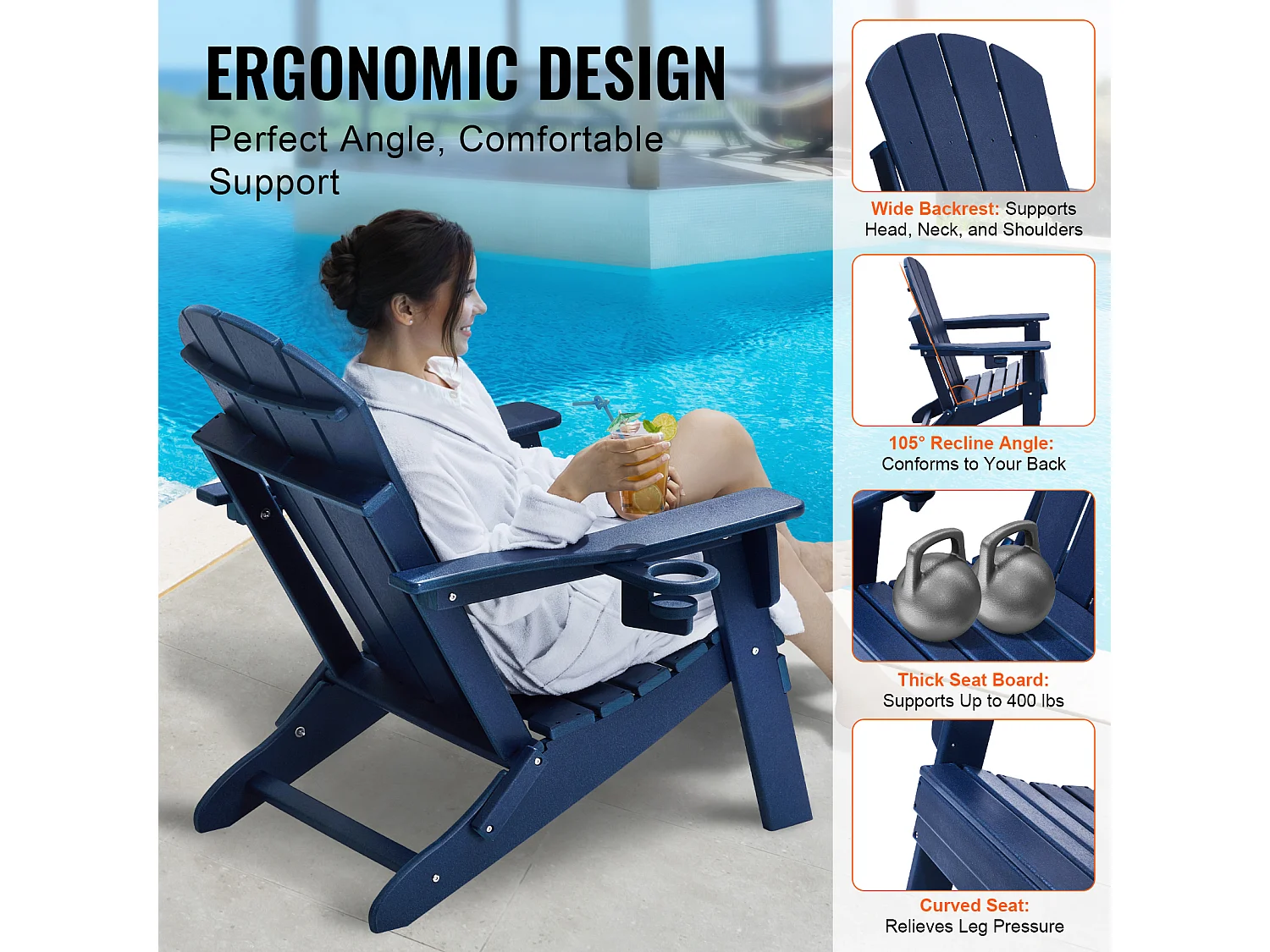 Fauteuil de Jardin, SucceBuy Ensemble de Chaise Adirondack de 2, Plastique Pliant Tout Temps, Foyer, Bleu Marine