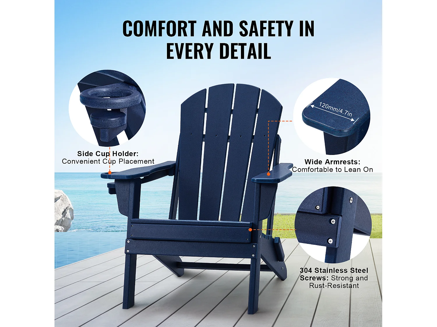 Fauteuil de Jardin, SucceBuy Ensemble de Chaise Adirondack de 2, Plastique Pliant Tout Temps, Foyer, Bleu Marine