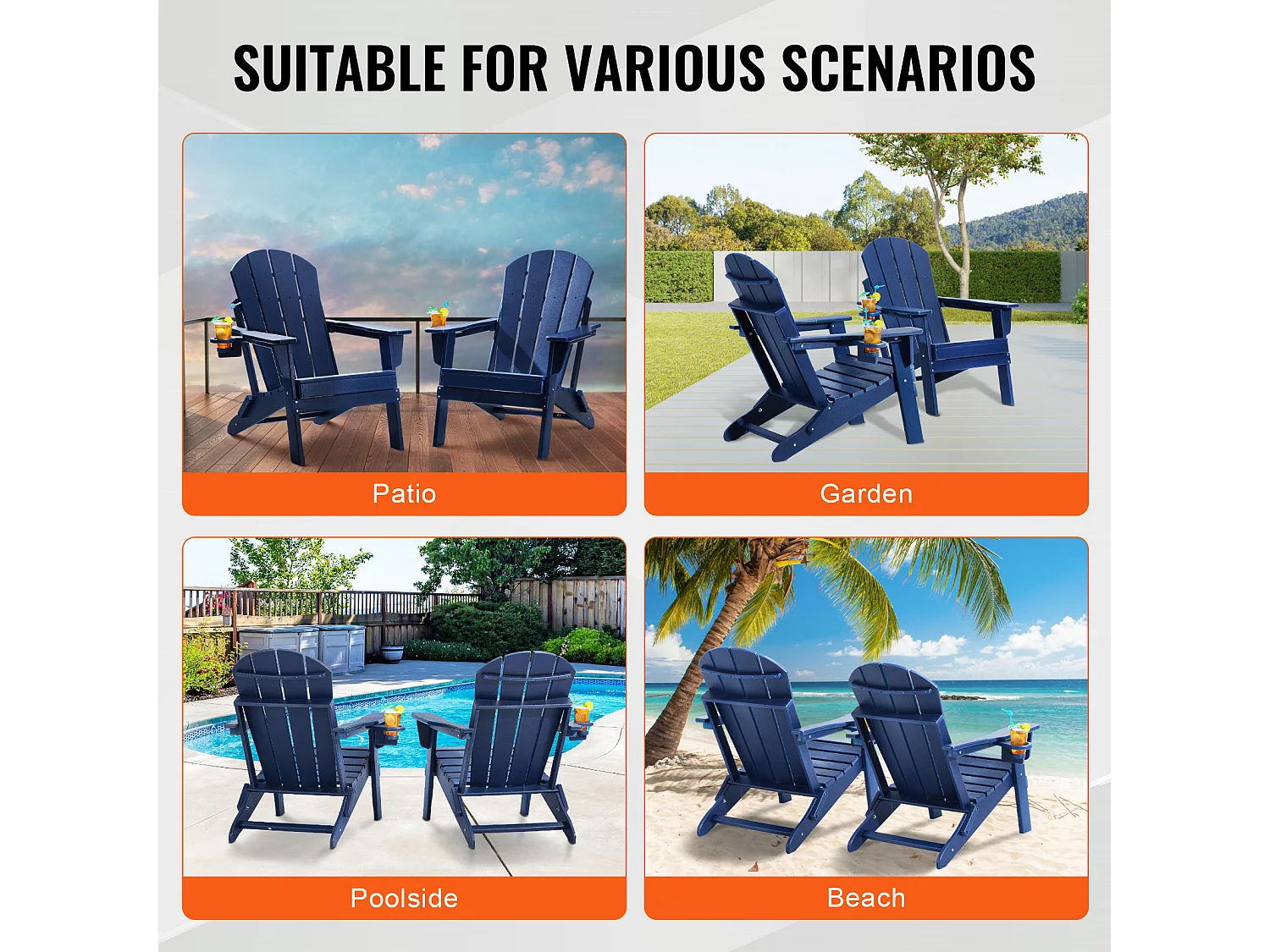 Fauteuil de Jardin, SucceBuy Ensemble de Chaise Adirondack de 2, Plastique Pliant Tout Temps, Foyer, Bleu Marine