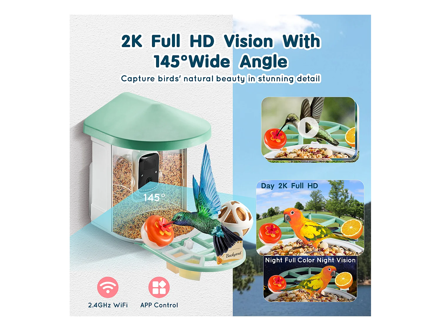 Comedouro para Aves Inteligente SucceBuy com Câmera, 2K HD, Espécies IA, Alimentado pela Energia Solar