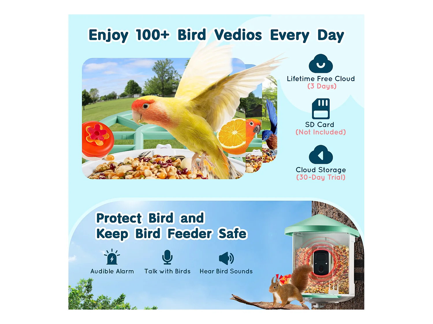 Mangeoire à Oiseaux Intelligente SucceBuy avec Caméra, 2K HD, Espèces IA,, Alimentée par L'énergie Solaire