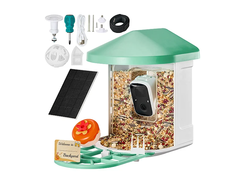 Mangeoire à Oiseaux Intelligente SucceBuy avec Caméra, 2K HD, Espèces IA,, Alimentée par L'énergie Solaire