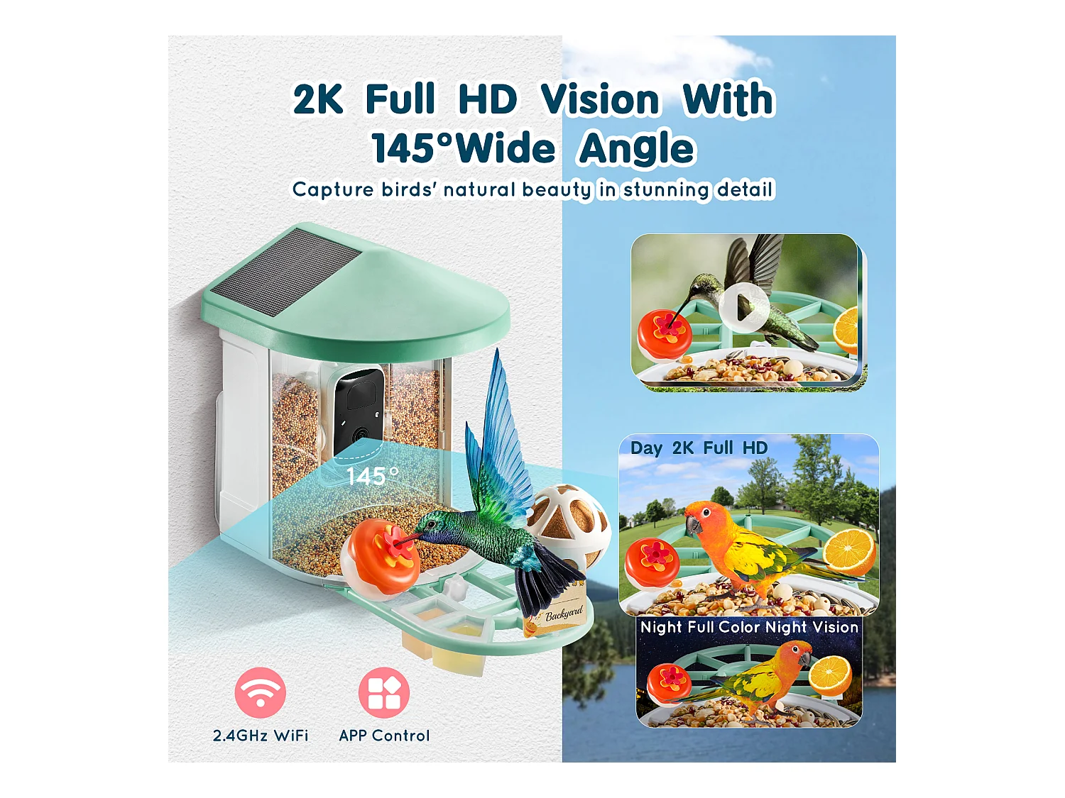 Comedouro para Aves Inteligente SucceBuy com Câmera, 2K HD, Espécies IA, Alimentado pela Energia Solar