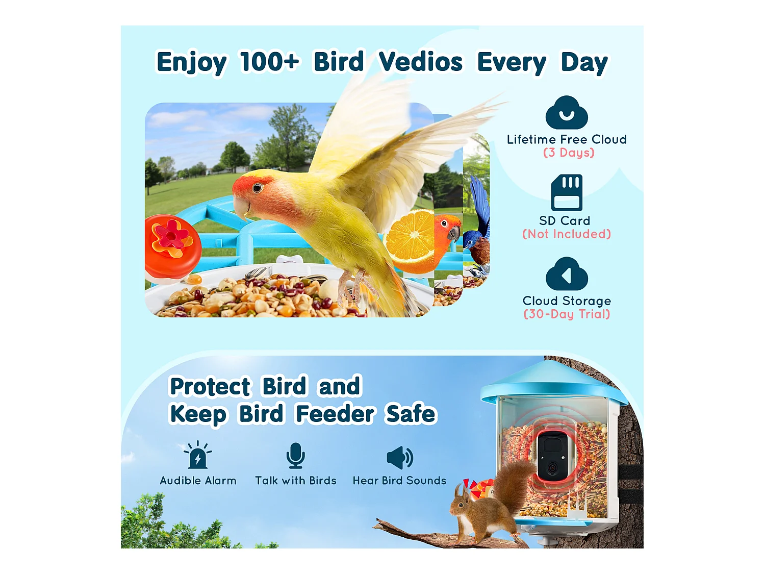 Comedouro para Aves Inteligente SucceBuy com Câmera, 2K HD, Espécies IA, Alimentado pela Energia Solar