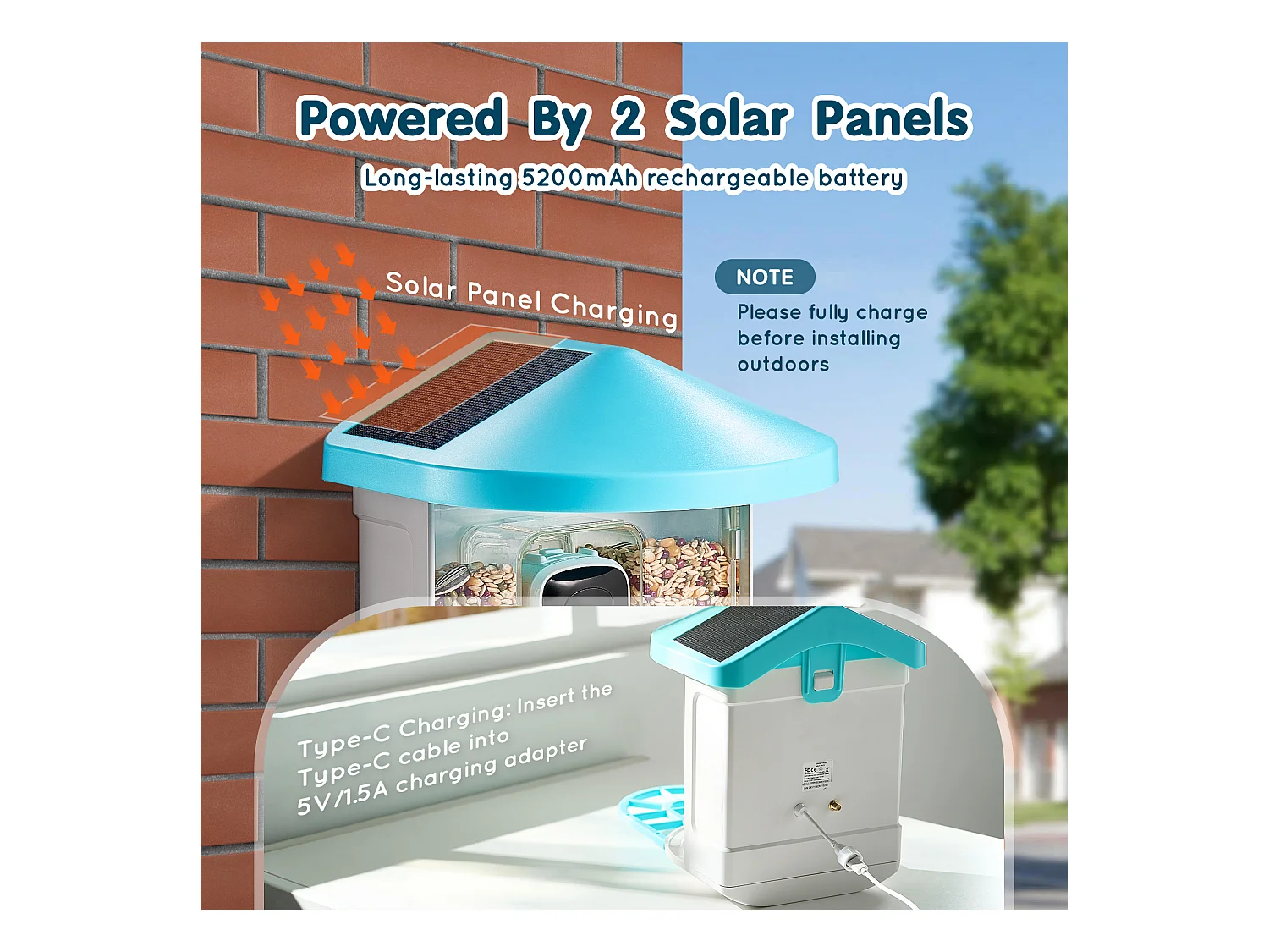 Comedouro para Aves Inteligente SucceBuy com Câmera, 2K HD, Espécies IA, Alimentado pela Energia Solar